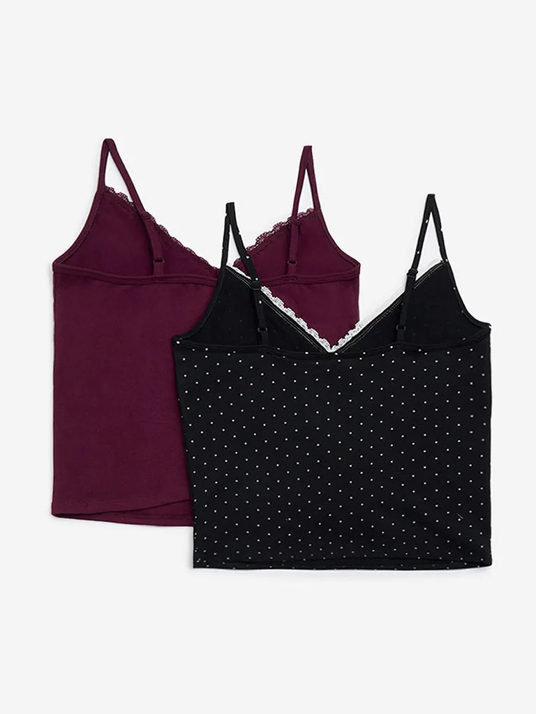Superstar Black Printed Cotton-Blend Camisoles - Pack of 2