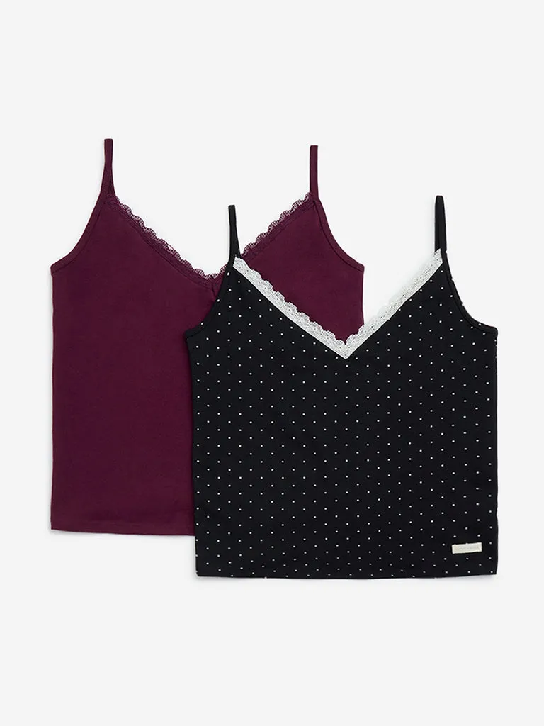 Superstar Black Printed Cotton-Blend Camisoles - Pack of 2