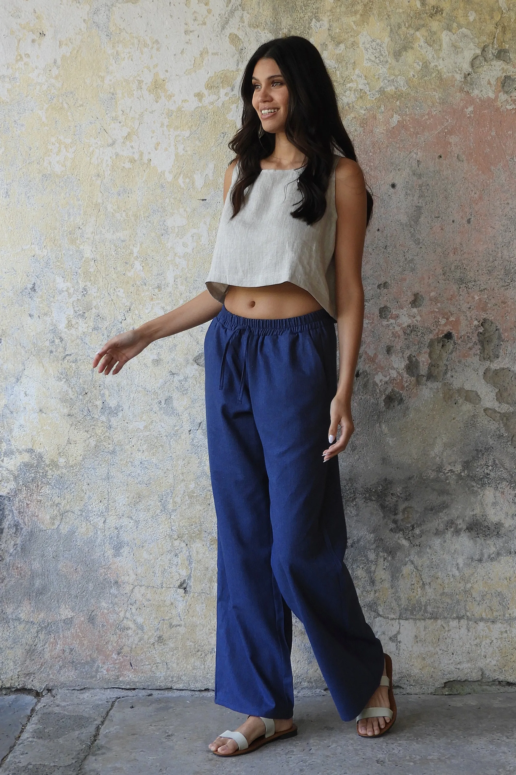 TRINITY Linen Blend Women's Pants (Tan, Indigo Blue)