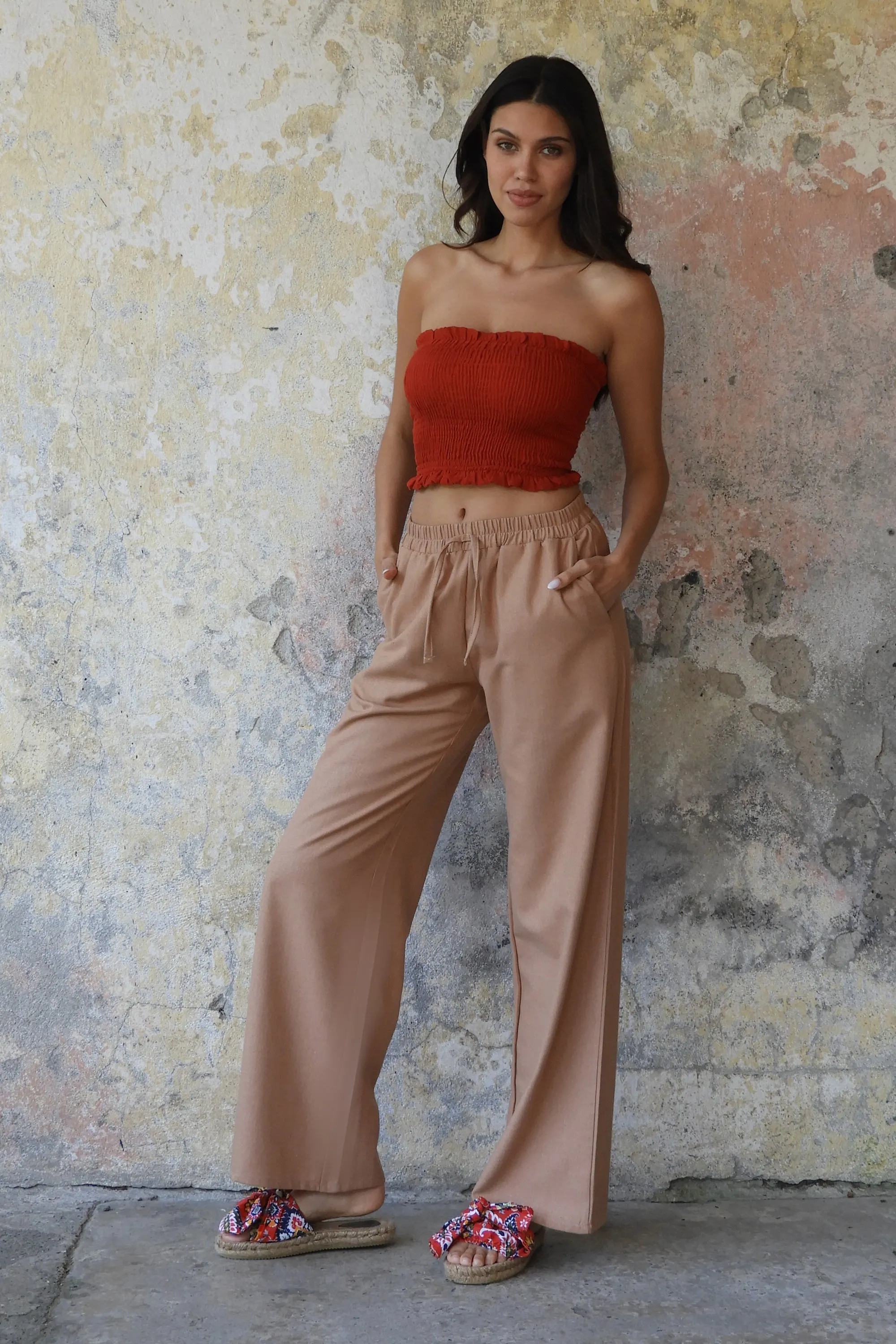 TRINITY Linen Blend Women's Pants (Tan, Indigo Blue)