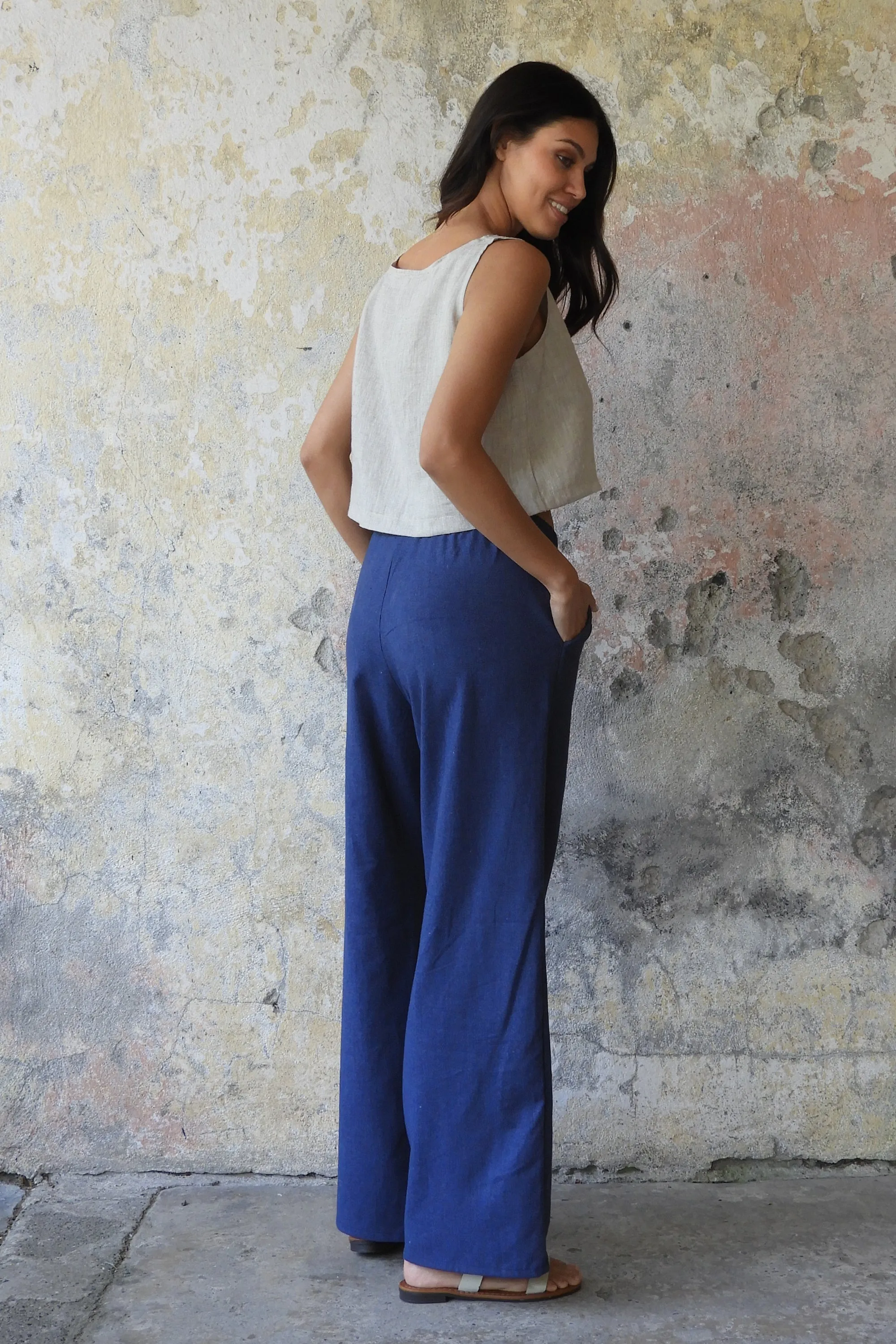 TRINITY Linen Blend Women's Pants (Tan, Indigo Blue)
