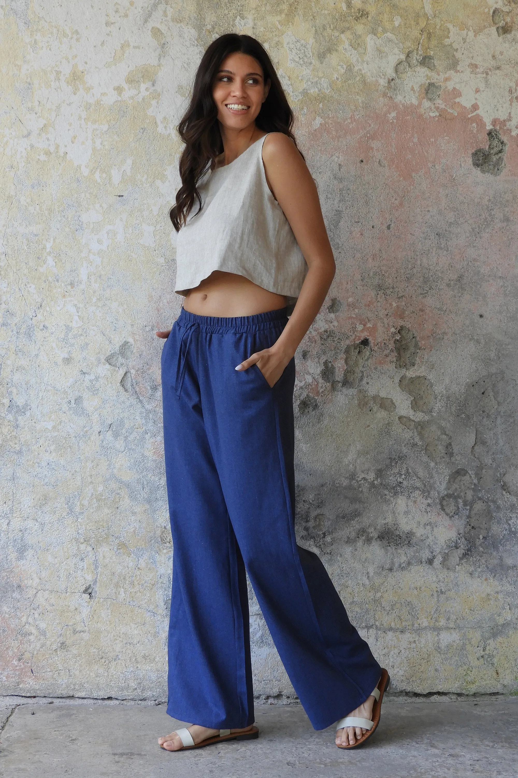 TRINITY Linen Blend Women's Pants (Tan, Indigo Blue)