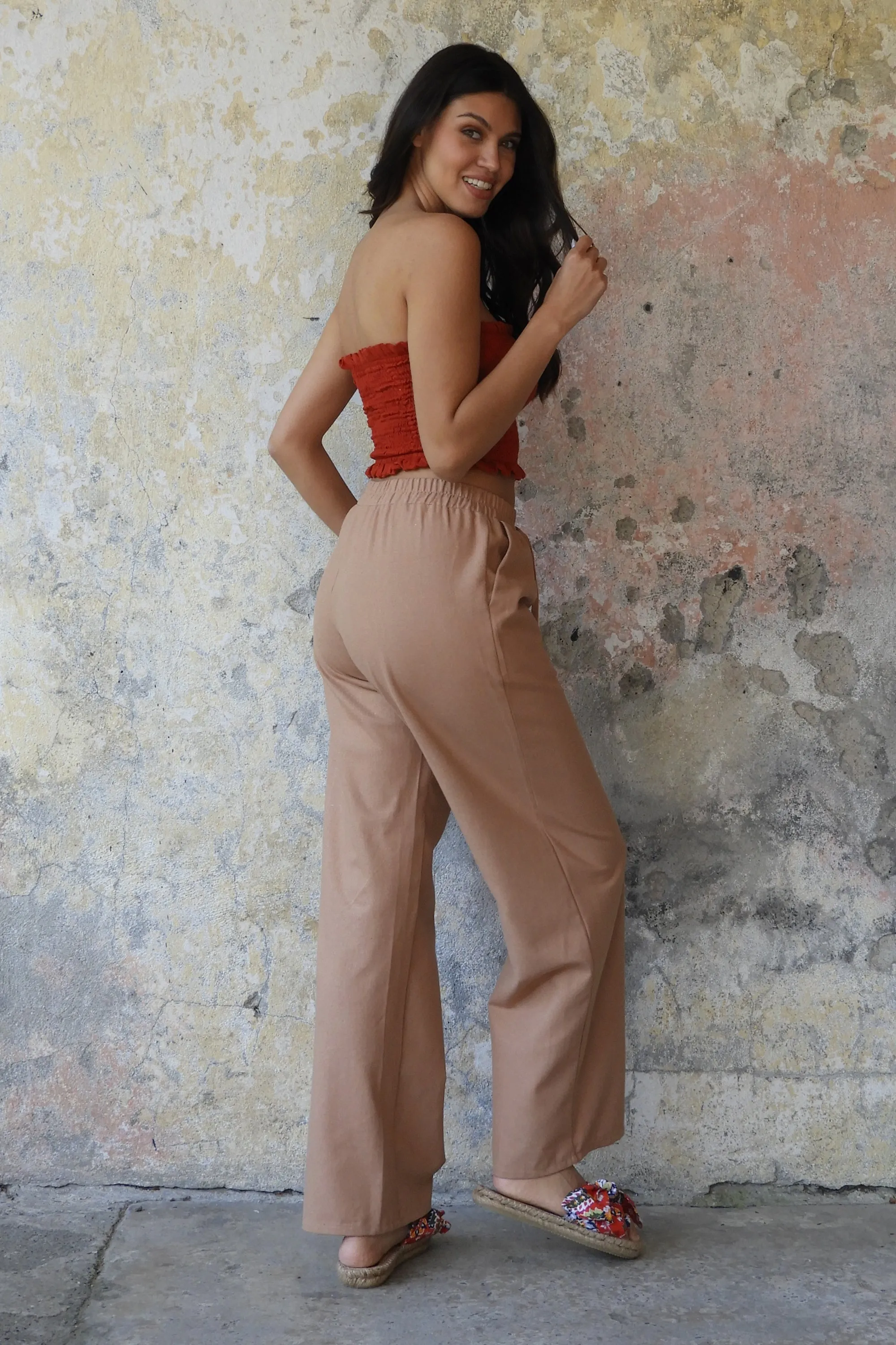 TRINITY Linen Blend Women's Pants (Tan, Indigo Blue)