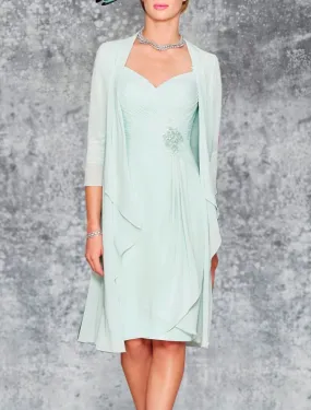 Two Piece Sheath / Column Mother of the Bride Dress Wedding Guest Church Elegant Plus Size Sweetheart Knee Length Chiffon Lace 3/4 Length Sleeve Wrap Included Jacket Dresses with Pleats Embroidery