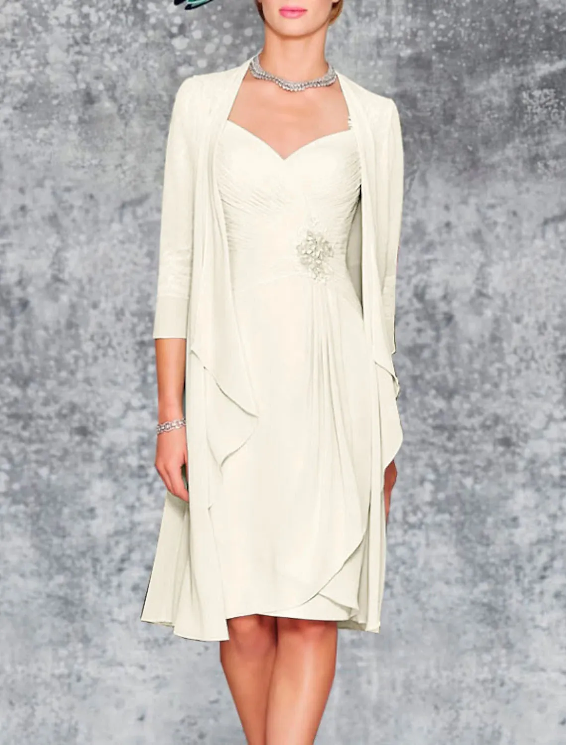 Two Piece Sheath / Column Mother of the Bride Dress Wedding Guest Church Elegant Plus Size Sweetheart Knee Length Chiffon Lace 3/4 Length Sleeve Wrap Included Jacket Dresses with Pleats Embroidery