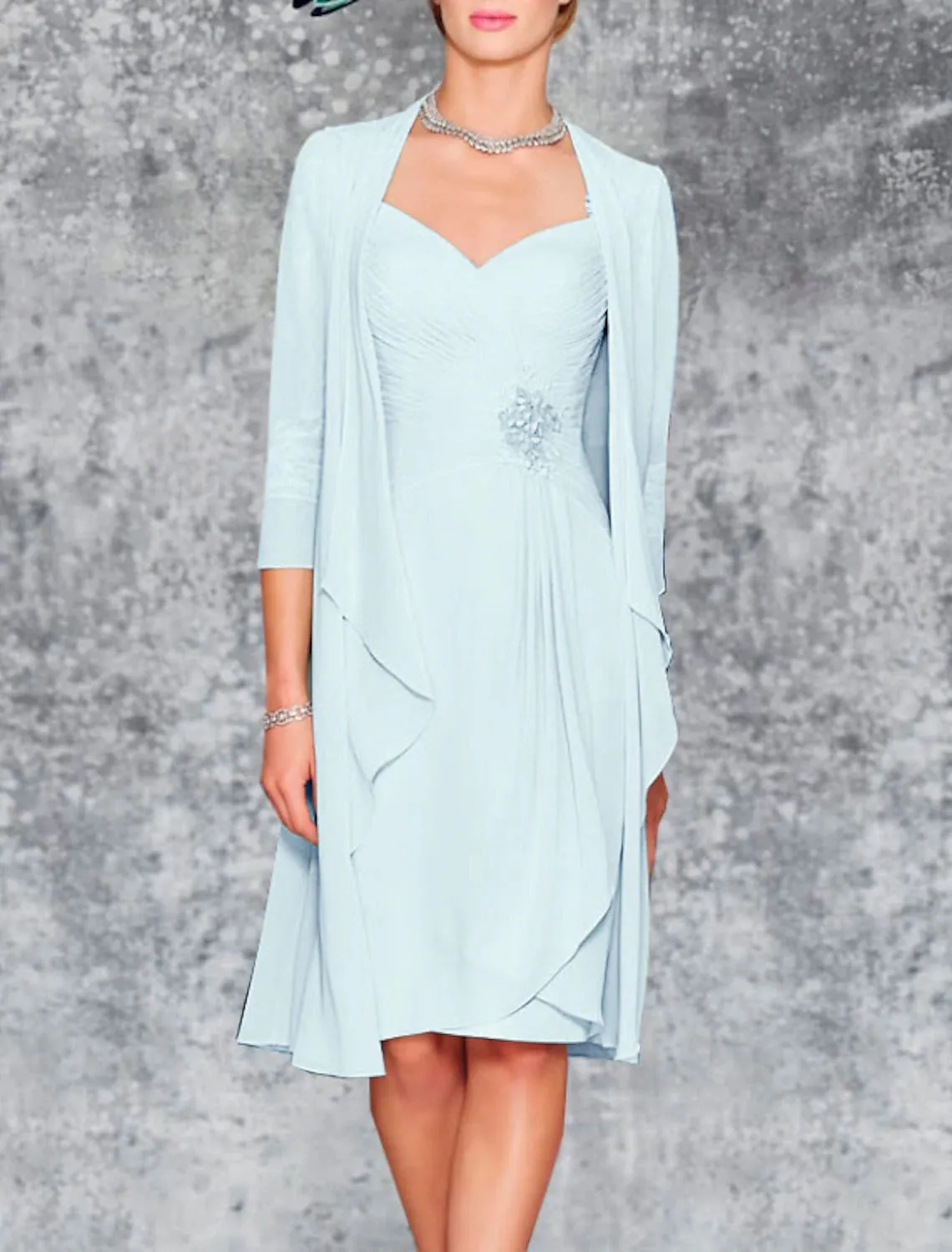 Two Piece Sheath / Column Mother of the Bride Dress Wedding Guest Church Elegant Plus Size Sweetheart Knee Length Chiffon Lace 3/4 Length Sleeve Wrap Included Jacket Dresses with Pleats Embroidery