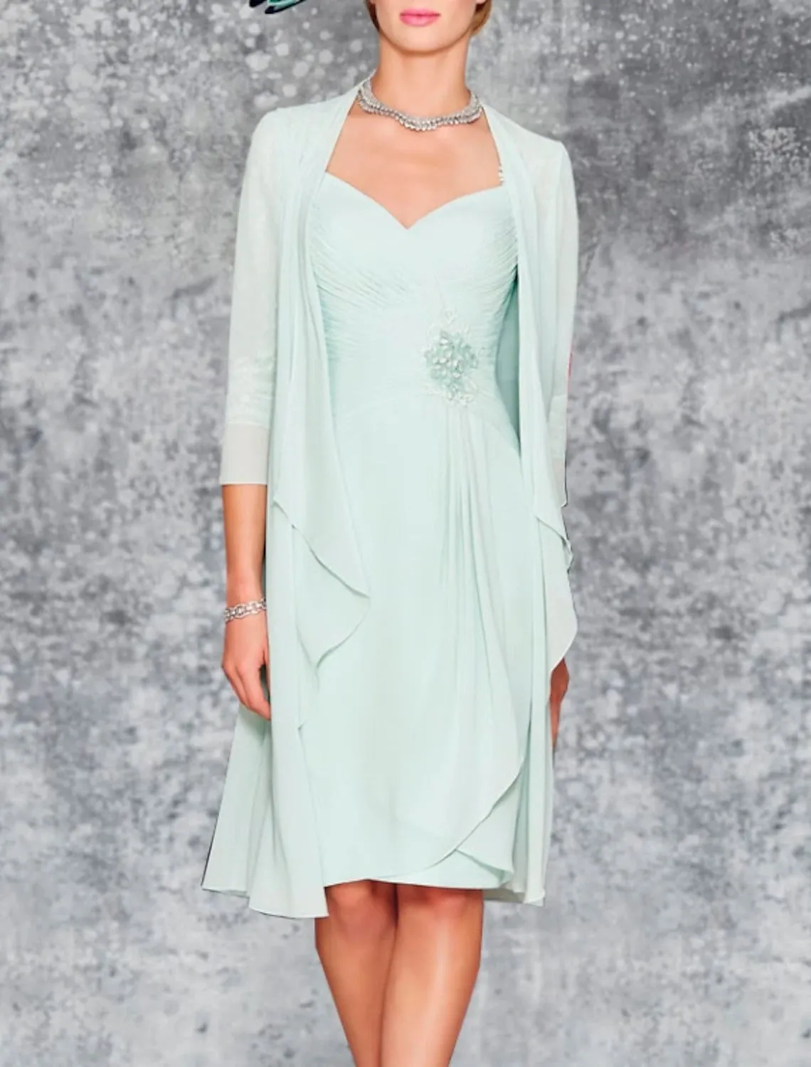 Two Piece Sheath / Column Mother of the Bride Dress Wedding Guest Church Elegant Plus Size Sweetheart Knee Length Chiffon Lace 3/4 Length Sleeve Wrap Included Jacket Dresses with Pleats Embroidery