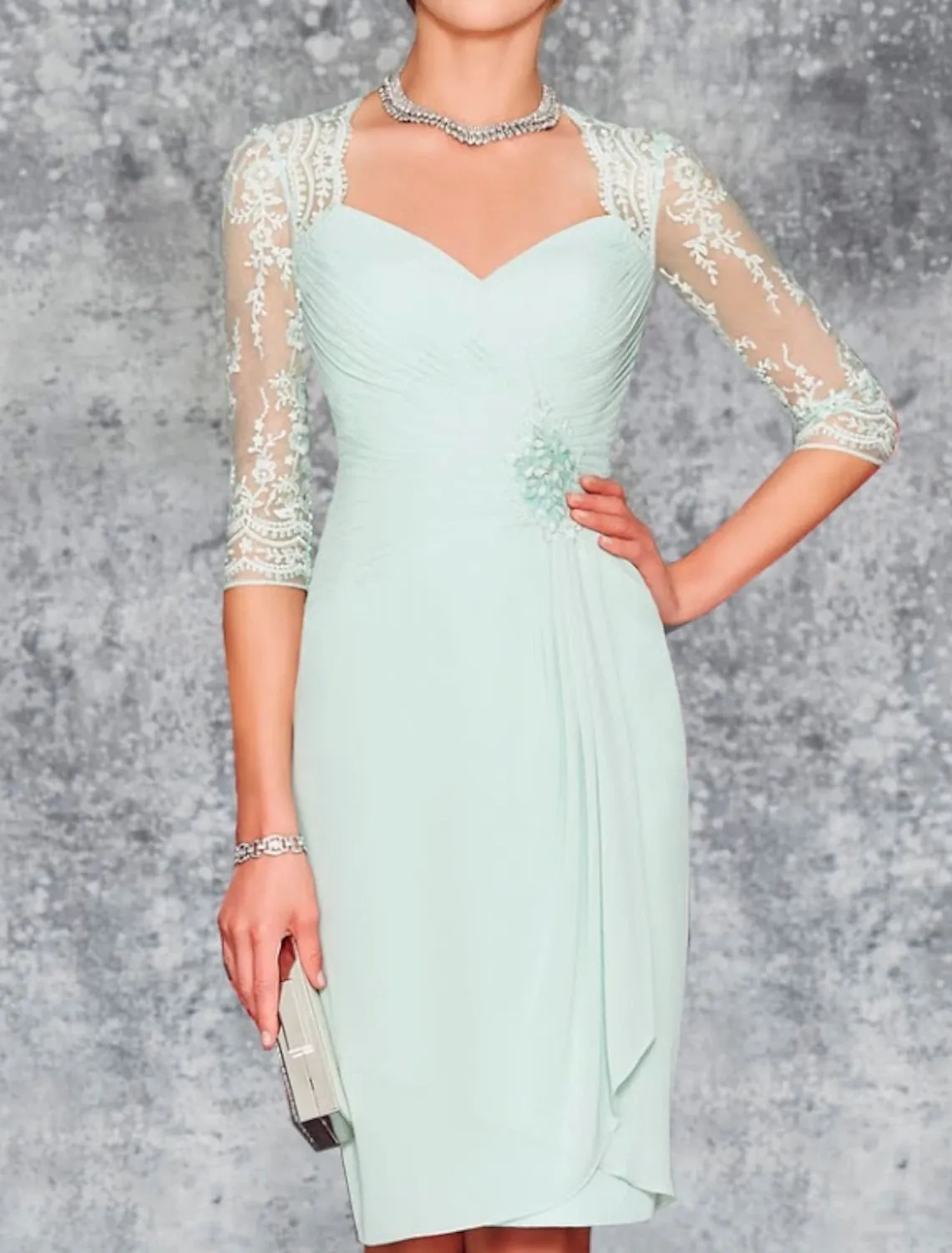 Two Piece Sheath / Column Mother of the Bride Dress Wedding Guest Church Elegant Plus Size Sweetheart Knee Length Chiffon Lace 3/4 Length Sleeve Wrap Included Jacket Dresses with Pleats Embroidery