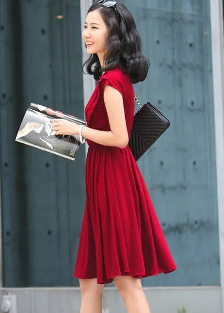 V-Neck Cap Sleeve Pleated Short Dress