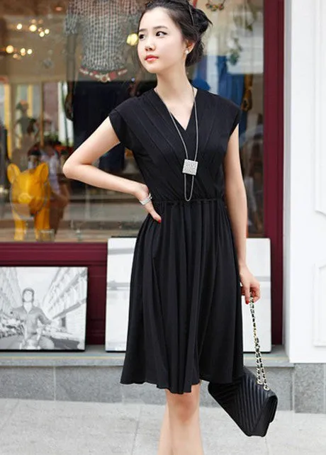 V-Neck Cap Sleeve Pleated Short Dress