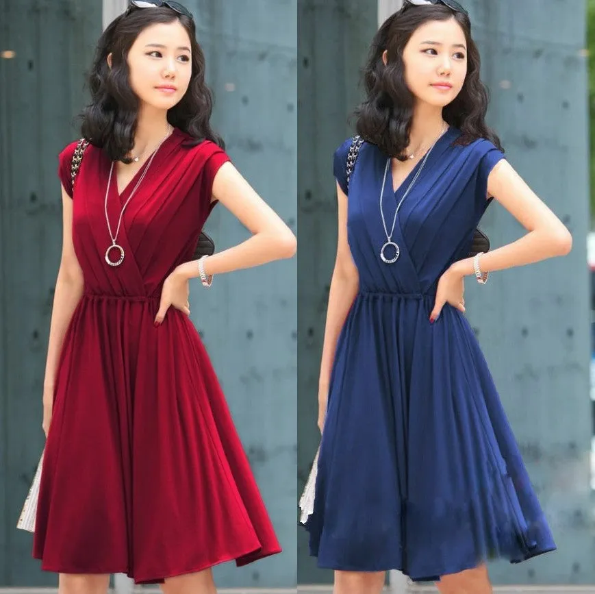 V-Neck Cap Sleeve Pleated Short Dress