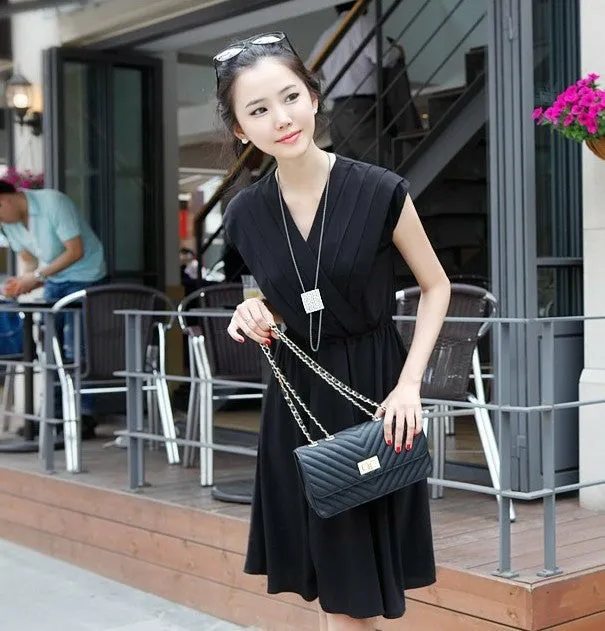 V-Neck Cap Sleeve Pleated Short Dress