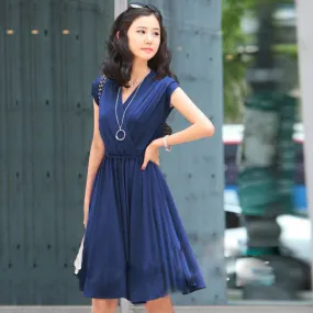 V-Neck Cap Sleeve Pleated Short Dress