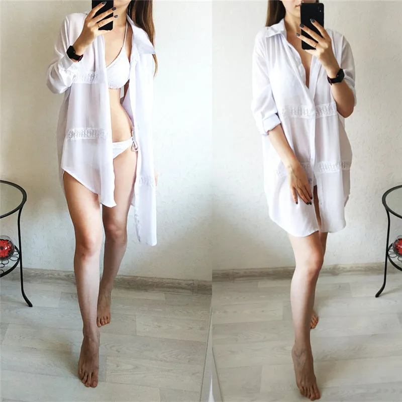 VenusFox New Beach Cover up robe Plage Pocket Swimsuit Cover up Sarong Beach Shirt Tops Bathing Suit Women Beachwear Pareo Tunic #Q469
