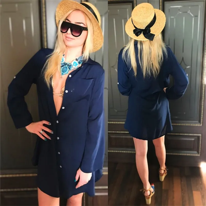 VenusFox New Beach Cover up robe Plage Pocket Swimsuit Cover up Sarong Beach Shirt Tops Bathing Suit Women Beachwear Pareo Tunic #Q469