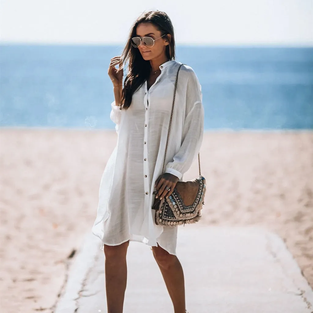 VenusFox New Beach Cover up robe Plage Pocket Swimsuit Cover up Sarong Beach Shirt Tops Bathing Suit Women Beachwear Pareo Tunic #Q469