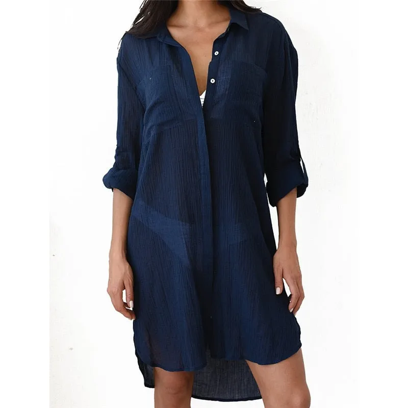 VenusFox New Beach Cover up robe Plage Pocket Swimsuit Cover up Sarong Beach Shirt Tops Bathing Suit Women Beachwear Pareo Tunic #Q469