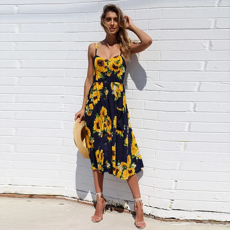 VenusFox Sleeveless Sexy Boho Midi Dress
