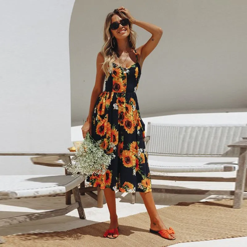 VenusFox Sleeveless Sexy Boho Midi Dress