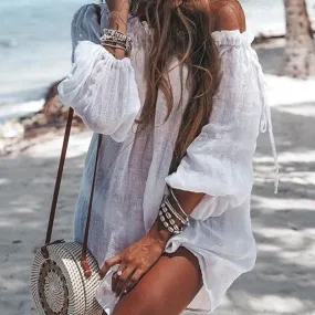 VenusFox Women Bikini Cover Up Swimwear Summer Beach Wear Off Shoulder Blouse Dress Swimming Bathing Beach Beachwear High Waist Push Up