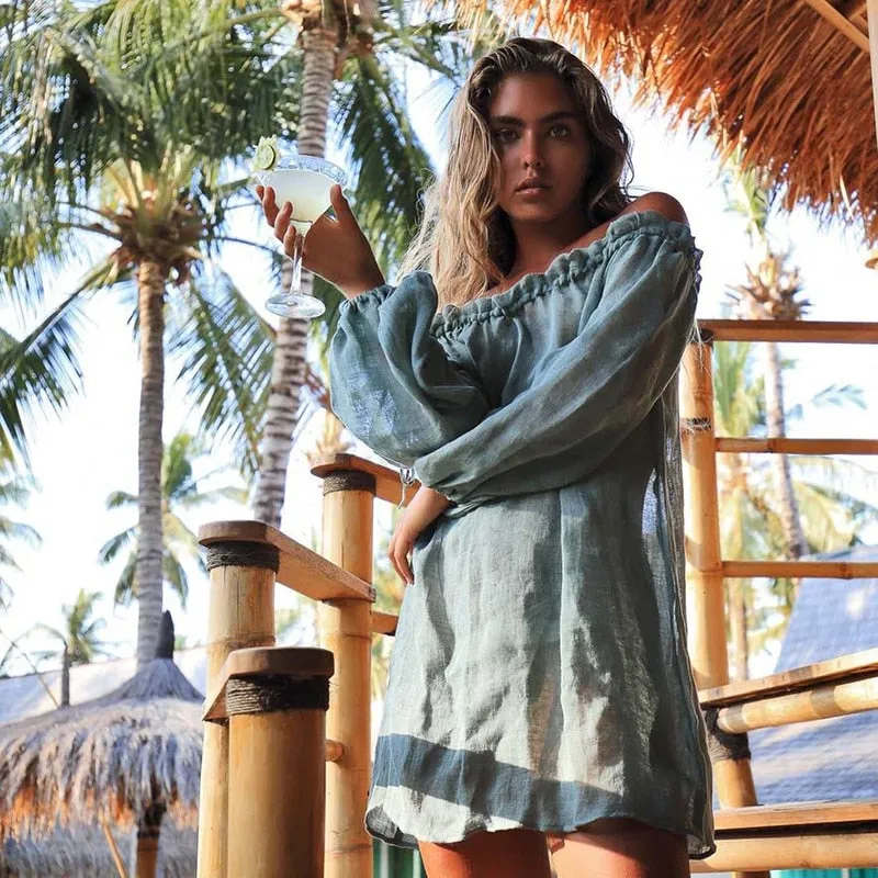 VenusFox Women Bikini Cover Up Swimwear Summer Beach Wear Off Shoulder Blouse Dress Swimming Bathing Beach Beachwear High Waist Push Up
