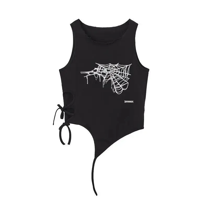 Vevesc Punk Lanyard Harajuku O Neck Sleeveless Camisoles American Vintage Lrregular Women Tank Top Y2k Aesthetic Gothic Sexy Tees