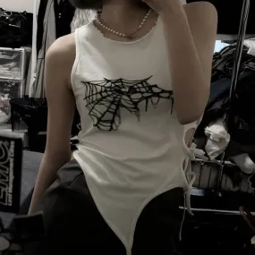Vevesc Punk Lanyard Harajuku O Neck Sleeveless Camisoles American Vintage Lrregular Women Tank Top Y2k Aesthetic Gothic Sexy Tees