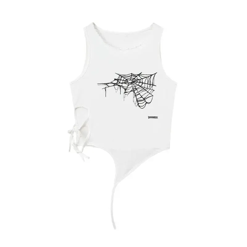 Vevesc Punk Lanyard Harajuku O Neck Sleeveless Camisoles American Vintage Lrregular Women Tank Top Y2k Aesthetic Gothic Sexy Tees