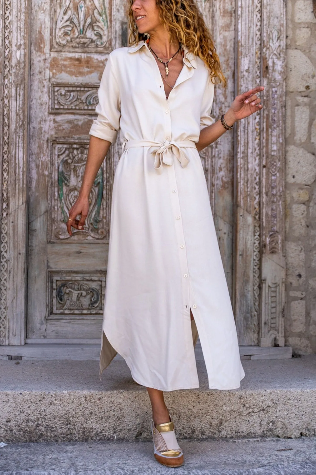 White Self Belted Buttoned Long Shirt Dress,Maxi Dress,Long Sleeve Dress-Boho Wear Womens Dress-Attractive Casual Dress,Vintage Dress