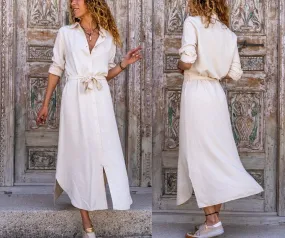 White Self Belted Buttoned Long Shirt Dress,Maxi Dress,Long Sleeve Dress-Boho Wear Womens Dress-Attractive Casual Dress,Vintage Dress