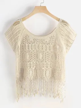 Wholesale Beige Round Neck Short Sleeve Tiered Hollow Beachwear