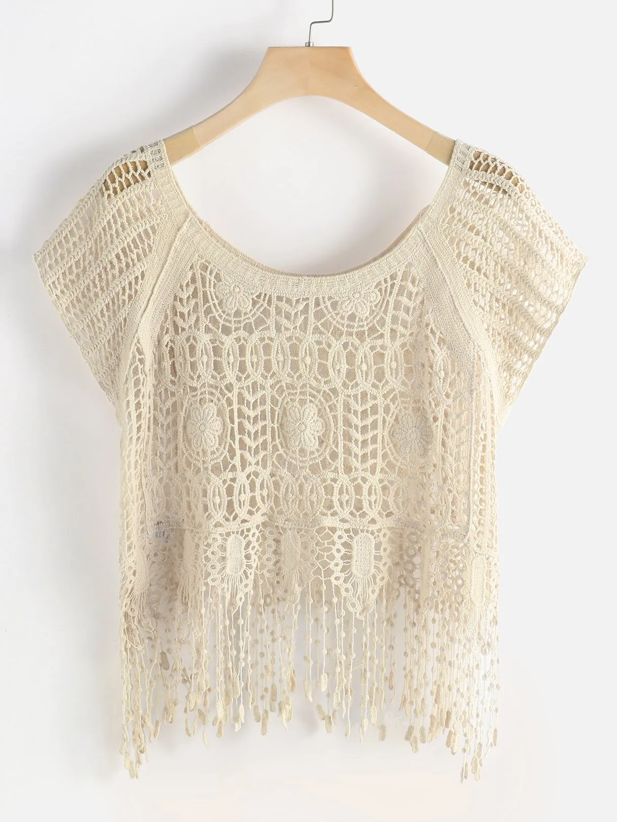 Wholesale Beige Round Neck Short Sleeve Tiered Hollow Beachwear