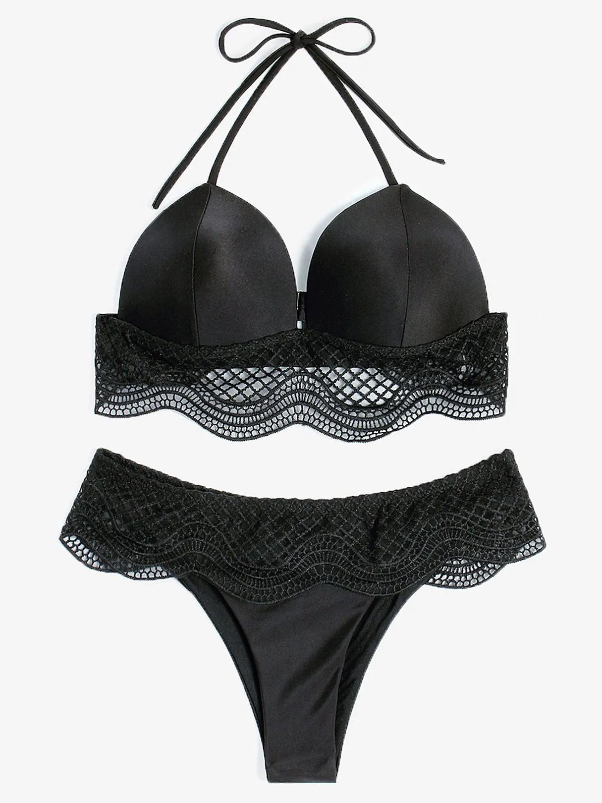 Wholesale Black Halter V-Neck Sleeveless Plain Backless Hollow Lace-Up Spaghetti Strap Bikinis
