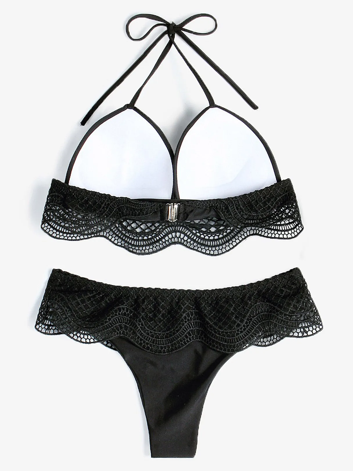 Wholesale Black Halter V-Neck Sleeveless Plain Backless Hollow Lace-Up Spaghetti Strap Bikinis