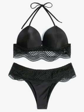 Wholesale Black Halter V-Neck Sleeveless Plain Backless Hollow Lace-Up Spaghetti Strap Bikinis