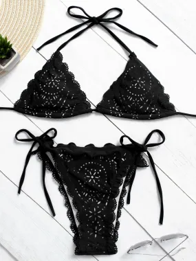 Wholesale Black V-Neck Sleeveless Hollow Self-Tie Bikinis
