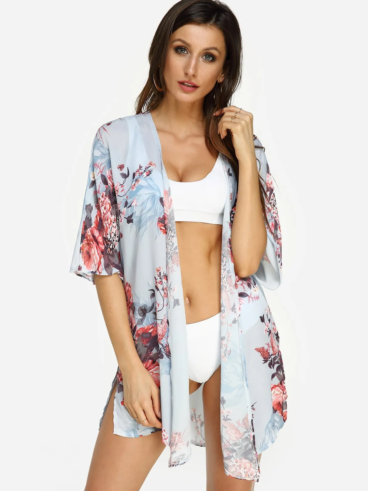 Wholesale Half Sleeve Floral Print Bathing Suit Cover Ups