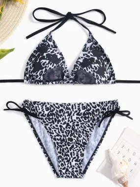 Wholesale Halter Sleeveless Leopard Wireless Two Piece Bikinis