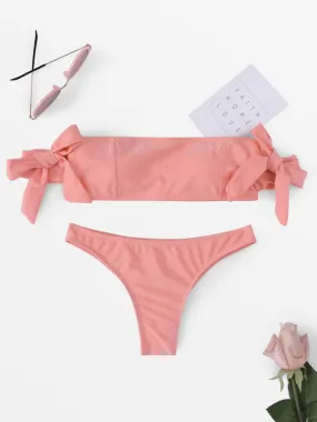 Wholesale Pink Off The Shoulder Sleeveless Plain Bowknot Two Piece Bikinis