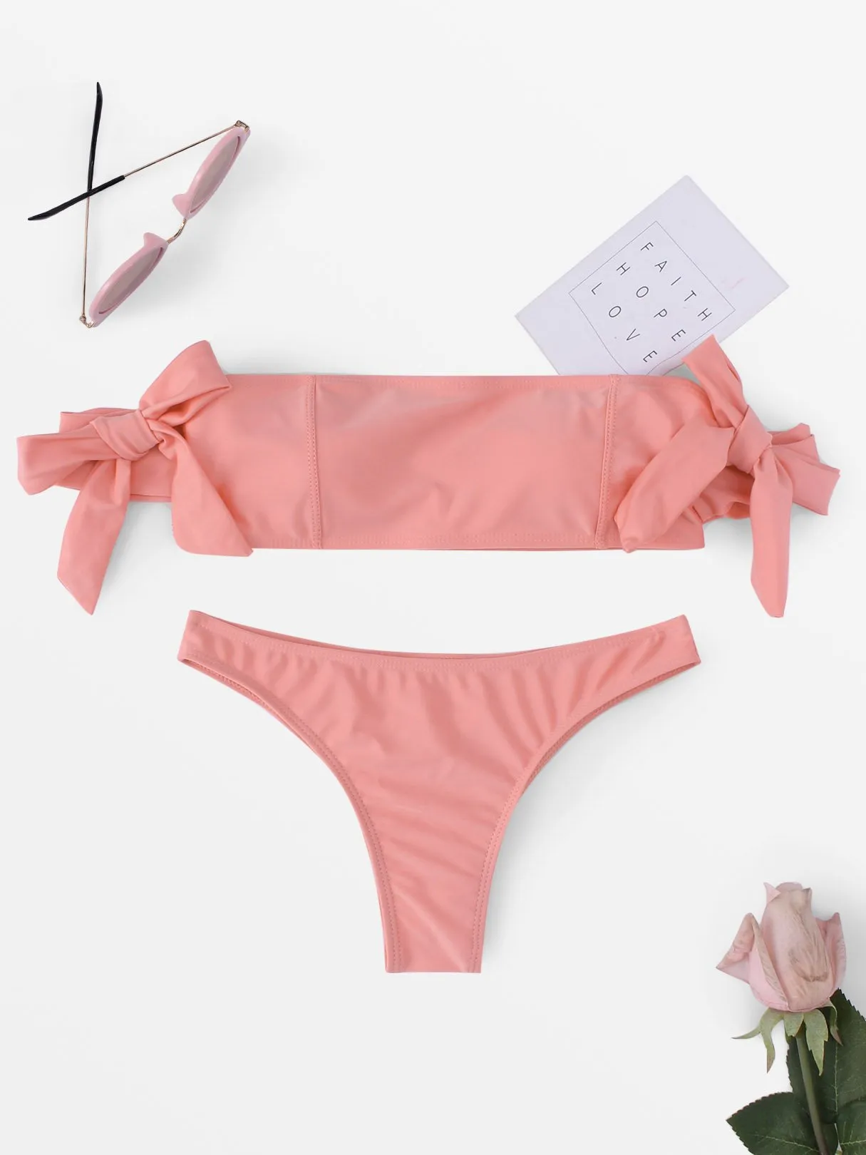 Wholesale Pink Off The Shoulder Sleeveless Plain Bowknot Two Piece Bikinis