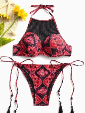 Wholesale Red Halter Sleeveless Printed Two Piece Bikinis