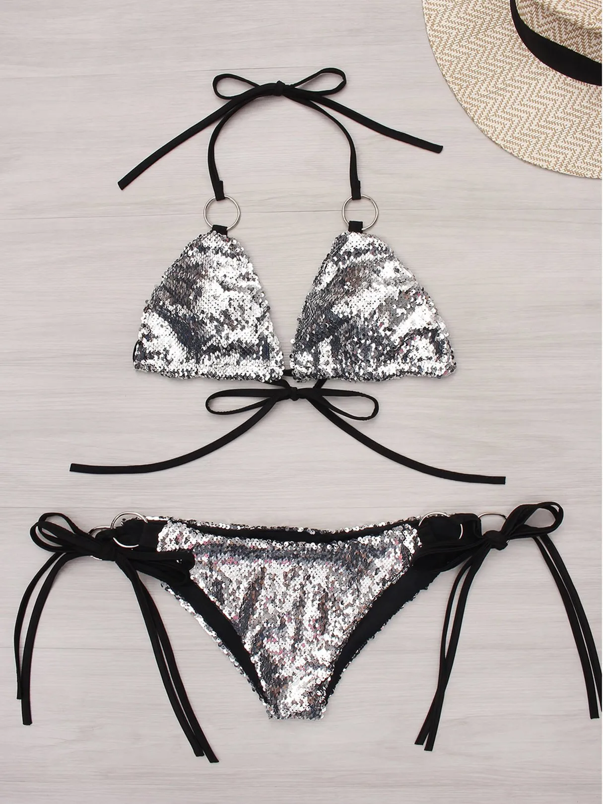 Wholesale Silver Halter Sequins Embellished Sleeveless Bikinis