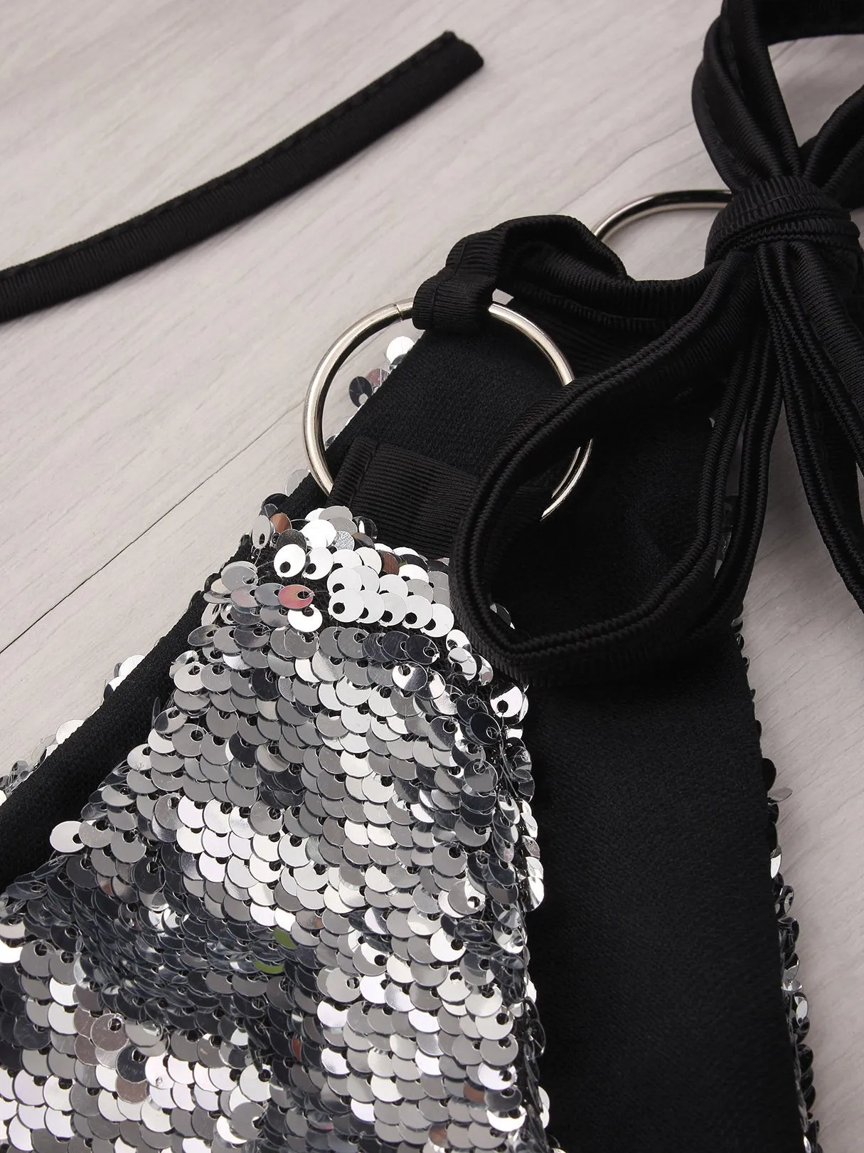 Wholesale Silver Halter Sequins Embellished Sleeveless Bikinis