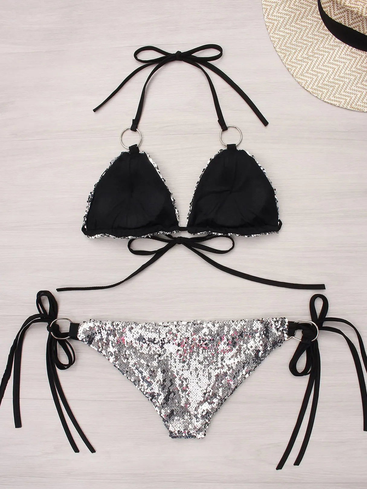 Wholesale Silver Halter Sequins Embellished Sleeveless Bikinis