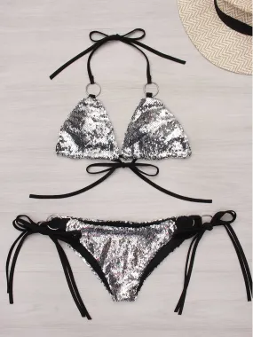 Wholesale Silver Halter Sequins Embellished Sleeveless Bikinis