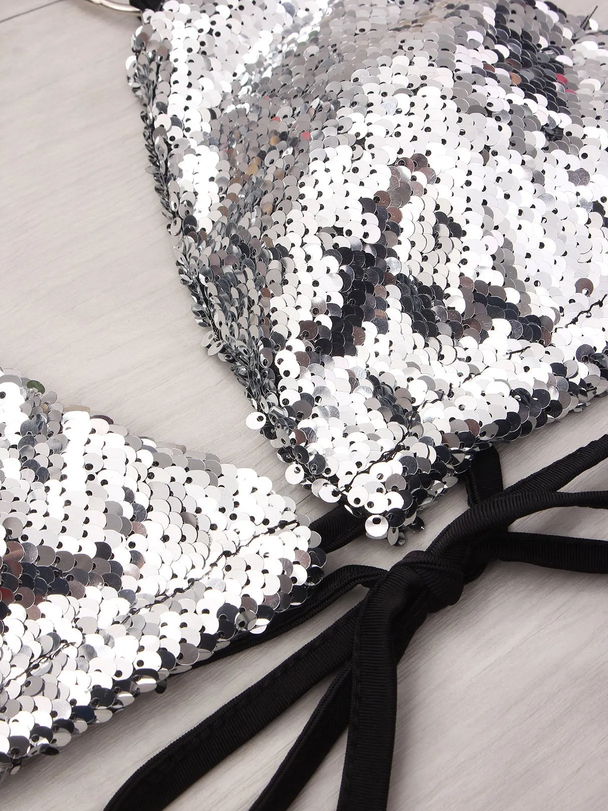 Wholesale Silver Halter Sequins Embellished Sleeveless Bikinis