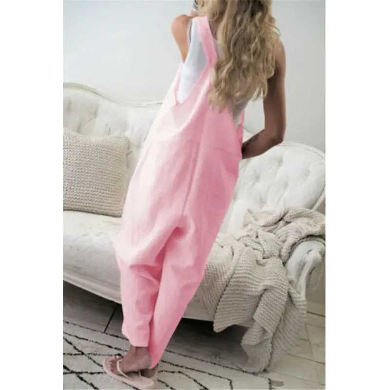Women 100% Linen Harem Pants and Strap Loose Jumpsuit