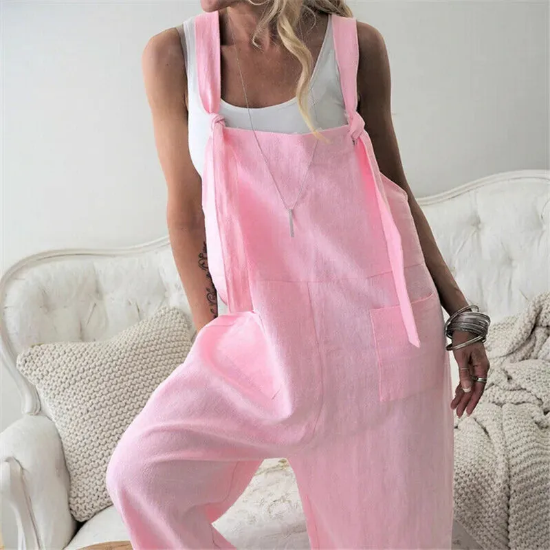 Women 100% Linen Harem Pants and Strap Loose Jumpsuit