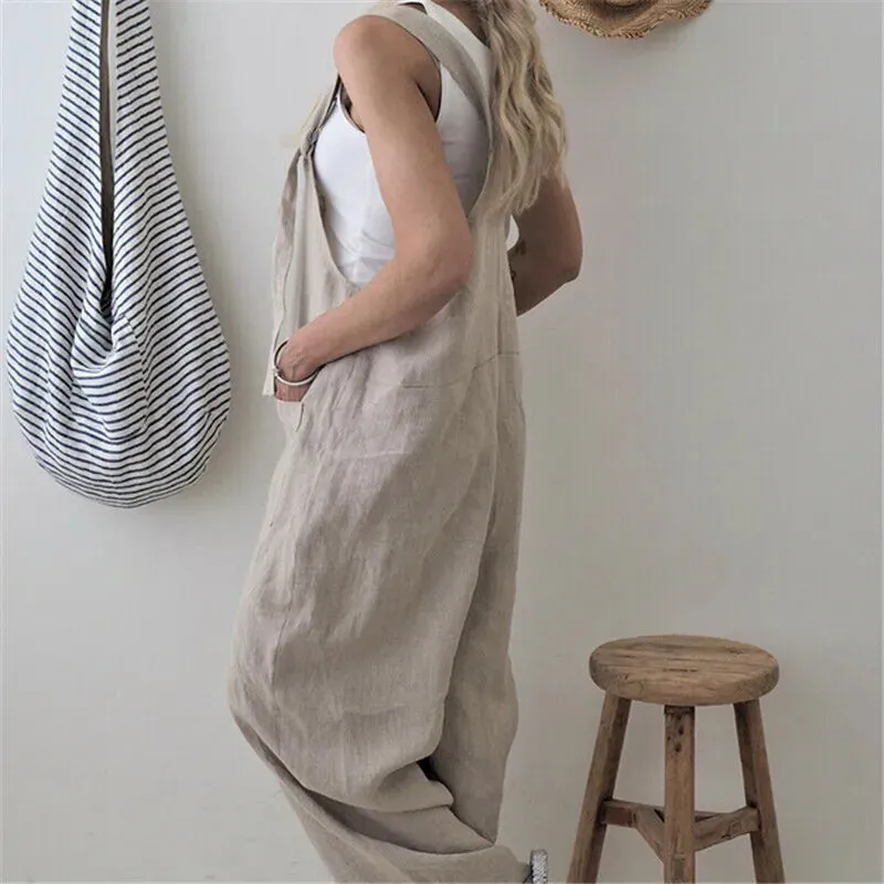 Women 100% Linen Harem Pants and Strap Loose Jumpsuit