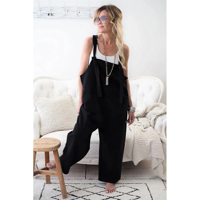 Women 100% Linen Harem Pants and Strap Loose Jumpsuit